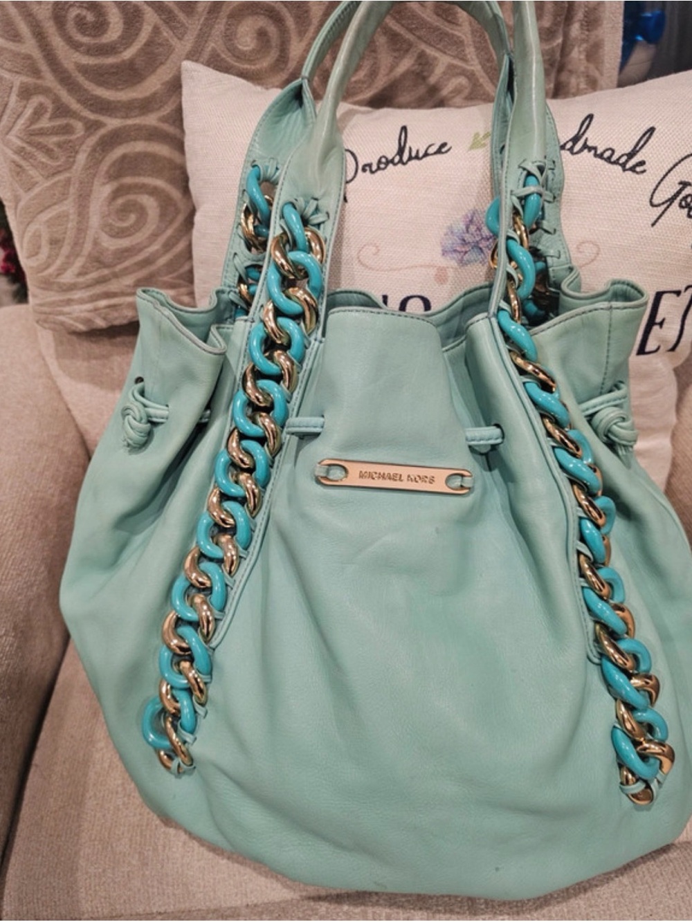Michael Kors Mint Green Leather Shoulder Bag with Gold Chain Detail